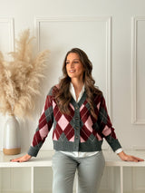 Cardigan Losangos Rosa e Bordeaux