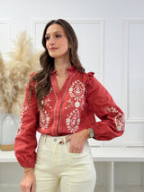 Blusa Bordada com Folhos – Terracota