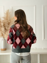 Cardigan Losangos Rosa e Bordeaux