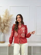 Blusa Bordada com Folhos – Terracota