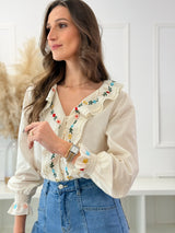 Blusa Bege c/ Bordado Floral e Folhos