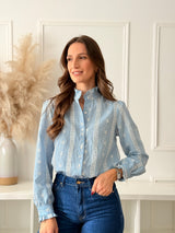 Blusa Azul c/ Bordado Branco