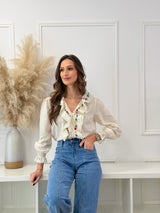 Blusa Bege c/ Bordado Floral e Folhos