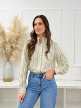 Camisa Floral Verde com Gola Franzida