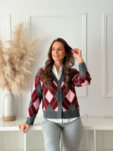 Cardigan Losangos Rosa e Bordeaux