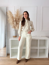 Jeans Wide Leg de Cintura Subida - Bege