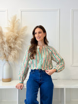 Blusa Floral Riscas Verde Água