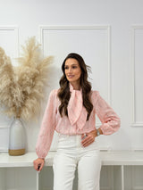 Camisa Rosa com Laço e Padrão Floral