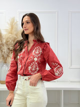Blusa Bordada com Folhos – Terracota