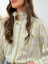 Camisa Floral Verde com Gola Franzida