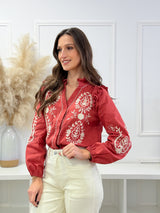 Blusa Bordada com Folhos – Terracota