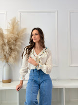 Blusa Bege c/ Bordado Floral e Folhos