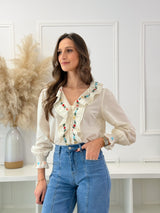 Blusa Bege c/ Bordado Floral e Folhos