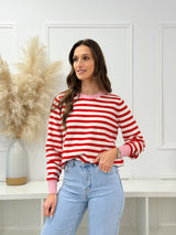 Malha Riscas Vermelha c/ Detalhe Rosa
