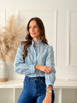 Blusa Azul c/ Bordado Branco