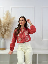Blusa Bordada com Folhos – Terracota