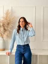 Blusa Azul c/ Bordado Branco