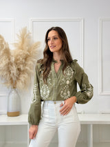 Blusa Bordada com Folhos – Verde