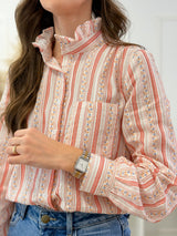 Camisa Floral Vermelha com Gola Franzida