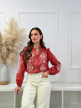 Blusa Bordada com Folhos – Terracota