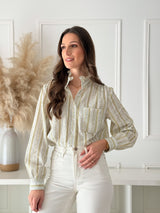 Camisa Floral Verde com Gola Franzida