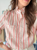 Camisa Floral Vermelha com Gola Franzida