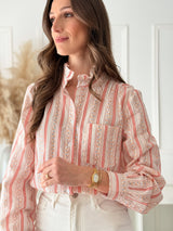 Camisa Floral Vermelha com Gola Franzida