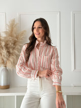 Camisa Floral Vermelha com Gola Franzida