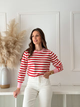 Malha Riscas Vermelha c/ Detalhe Rosa