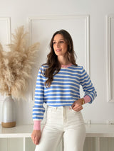 Malha Riscas Azul c/ Detalhe Rosa