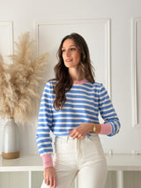 Malha Riscas Azul c/ Detalhe Rosa