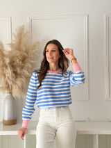 Malha Riscas Azul c/ Detalhe Rosa