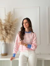 Malha Riscas Rosa c/ Detalhe Azul