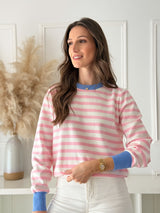 Malha Riscas Rosa c/ Detalhe Azul