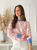 Malha Riscas Rosa c/ Detalhe Azul