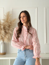 Blusa Floral Romântica com Folhos Rosa