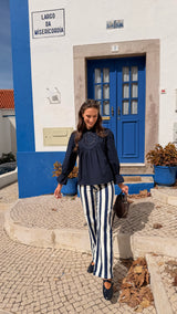Calças Riscas Azul