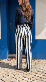 Calças Riscas Azul