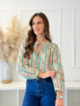 Blusa Floral Riscas Verde Água