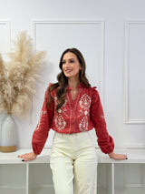 Blusa Bordada com Folhos – Terracota