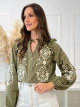 Blusa Bordada com Folhos – Verde