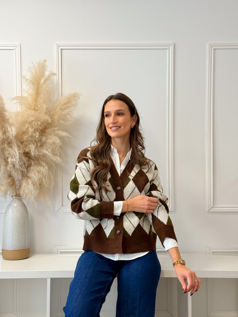 Cardigan Losangos Verde e Choco
