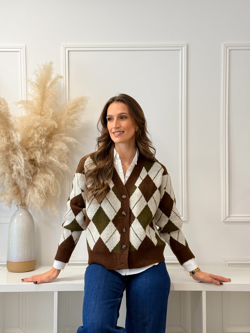 Cardigan Losangos Verde e Choco