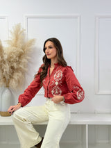 Blusa Bordada com Folhos – Terracota