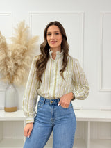 Camisa Floral Verde com Gola Franzida