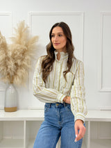 Camisa Floral Verde com Gola Franzida