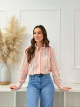 Camisa Floral Vermelha com Gola Franzida