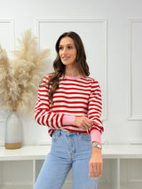 Malha Riscas Vermelha c/ Detalhe Rosa