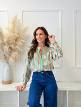 Blusa Floral Riscas Verde Água