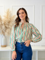 Blusa Floral Riscas Verde Água